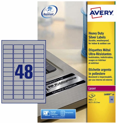 Etiket Avery L6009-20 45.7x21.2mm zilver 960 stuks