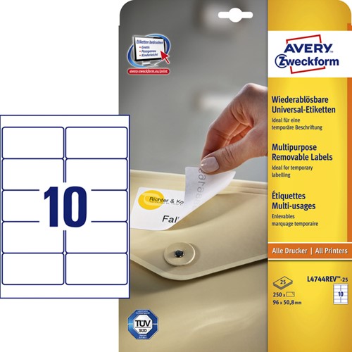 Etiket Avery L4744REV-25 96x50.8mm afneembaar wit 250 stuks