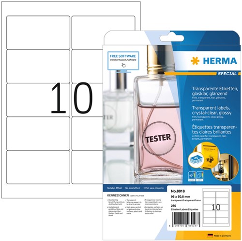 Etiket HERMA 8018 96x50.8mm transparant 250 etiketten