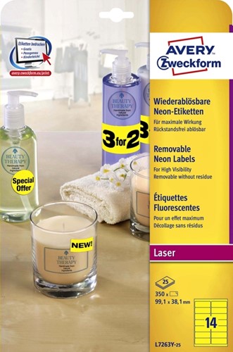 Etiket Avery L7263Y-25 99.1x38.1mm neon geel 350 etiketten