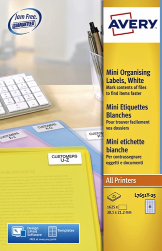 Etiket Avery L7651Y-25 38.1x21.2mm neon geel 1625 stuks