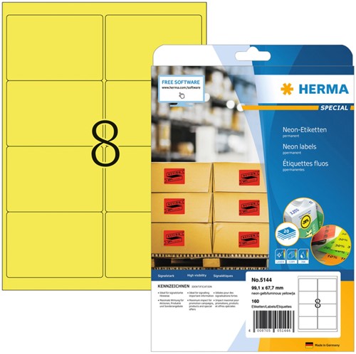 Etiket HERMA 5144 99.1x67.7mm neongeel 160 stuks