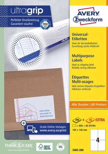Etiket Avery Zweckform 3483-200 105x148mm A6 wit 800stuks