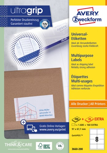 Etiket Avery Zweckform 3660-200 97x67.7mm wit 1600stuks