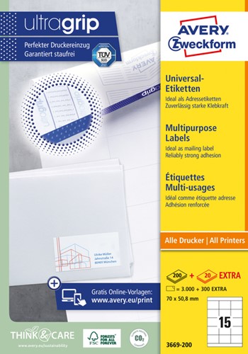 Etiket Avery 3669-200 70x50.8mm wit 3000 stuks