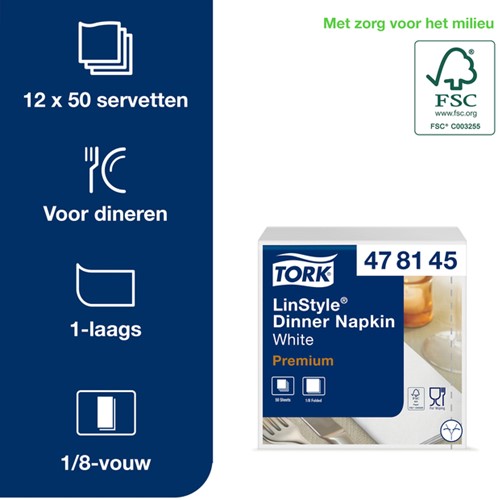 Dinerservet Tork Linstyle Premium 1/8 vouw 1-laags 390x390mm 50 vel wit 478145-2
