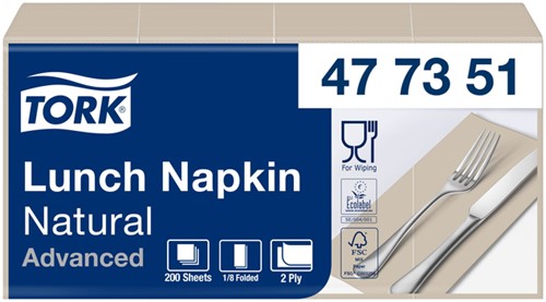 Lunchservet Tork Advanced 1/8 vouw 2-laags 328x325mm 200 vel naturel 477351