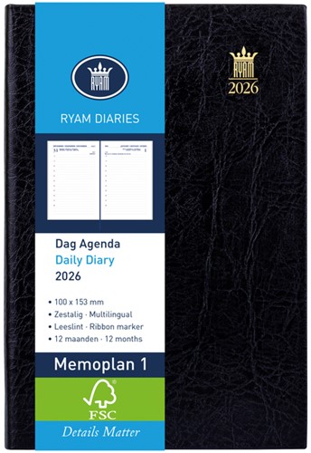 Agenda 2026 Ryam Memoplan 7 Suprema ringplastic 7dagen/2pagina's zwart