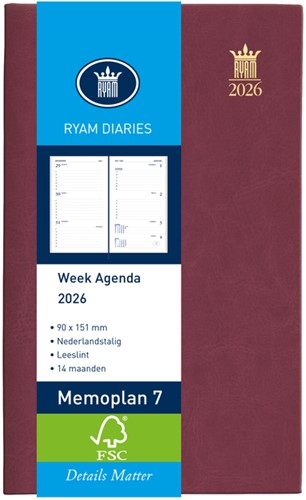 Agenda 2026 Ryam Memoplan 7 Mundior 7dagen/2pagina's bordeaux