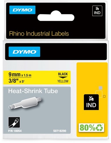 Labeltape Dymo Rhino industrieel krimpkous 9mm zwart op geel