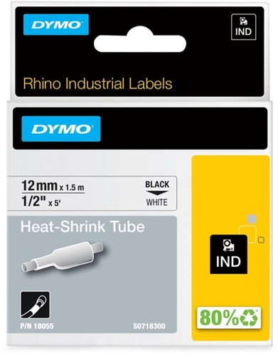 Labeltape Dymo Rhino industrieel krimpkous 12mm zwart op wit