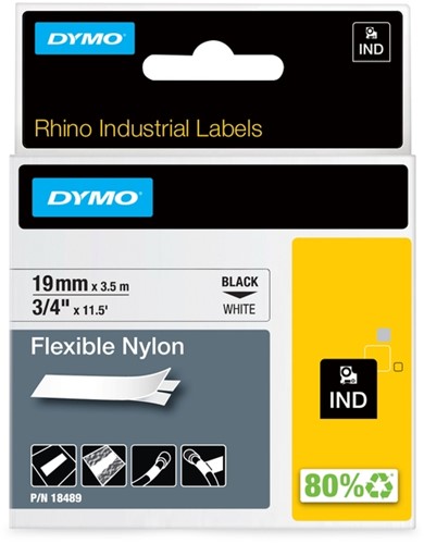 Labeltape Dymo Rhino industrieel nylon 19mm zwart op wit