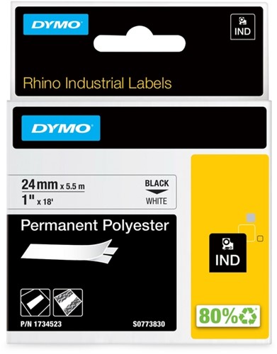 Labeltape Dymo Rhino industrieel polyester 24mm zwart op wit