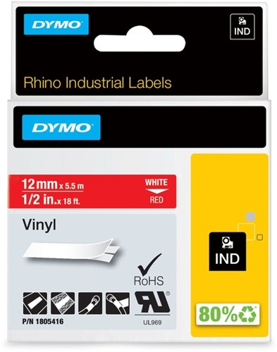 Labeltape Dymo Rhino industrieel vinyl 12mm wit op rood