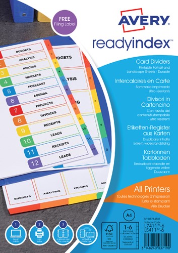 Tabbladen Avery Readyindex 9-gaats 6-delig 1-6 assorti