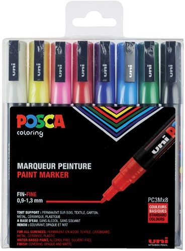 Paintmarker Uni POSCA PC3M fijn assorti set à 8 stuks