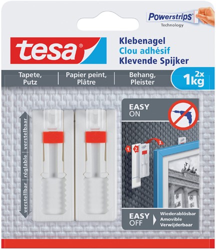 Klevende spijker tesa® behang en pleisterwerk 1kg verstelbaar wit 2 stuks