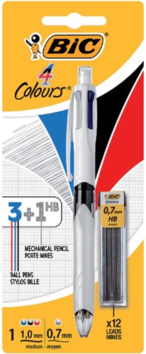Balpen Bic 3kleuren met vulpotlood HB 0.7mm medium wit blister à 1st