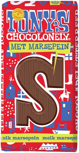 Chocoladeletter Tony's Chocolonely melk marsepein S 180gr